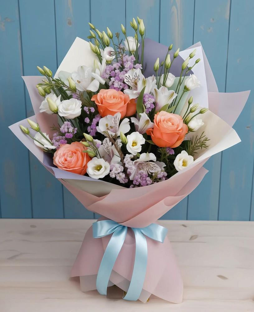 Букет цветов из: Лизиантусы, Розы, Альстромерии и Гипсофила в Славгороде
